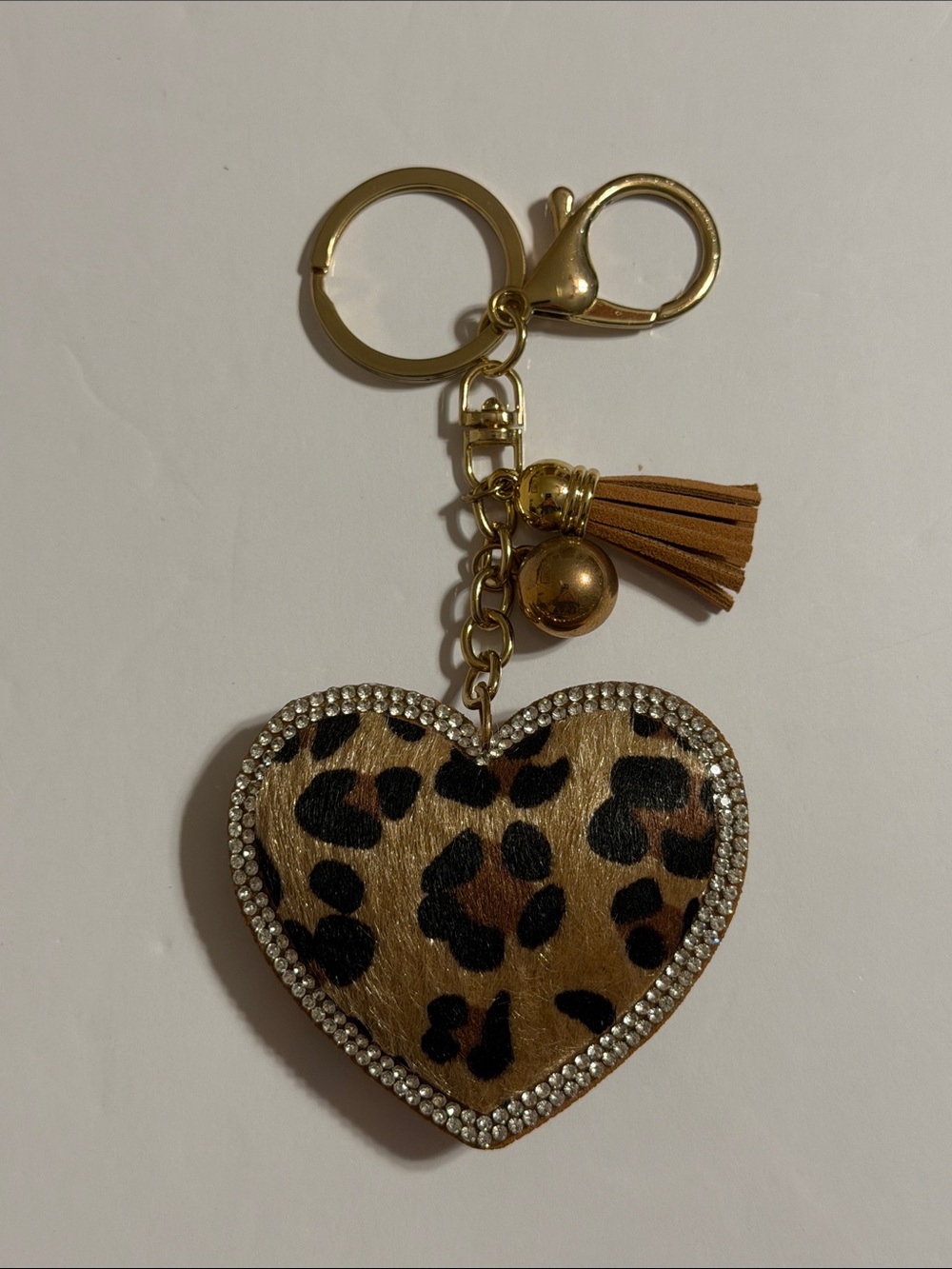 Leopard Rhinestones Heart with Tassel Keychain for Bag Charm or Purse Accessory